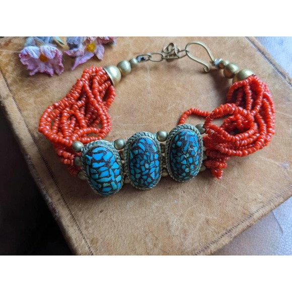 Vintage Jewelry - Vintage Tibetan Turquoise Blue Bracelet // Boho Southwestern Bracelet